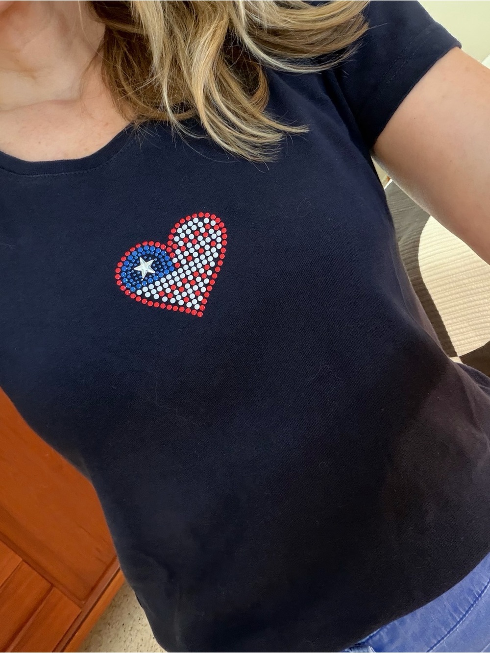 USA Patriotic navy blue short sleeve t shirt 100% cotton red white blue heart s
